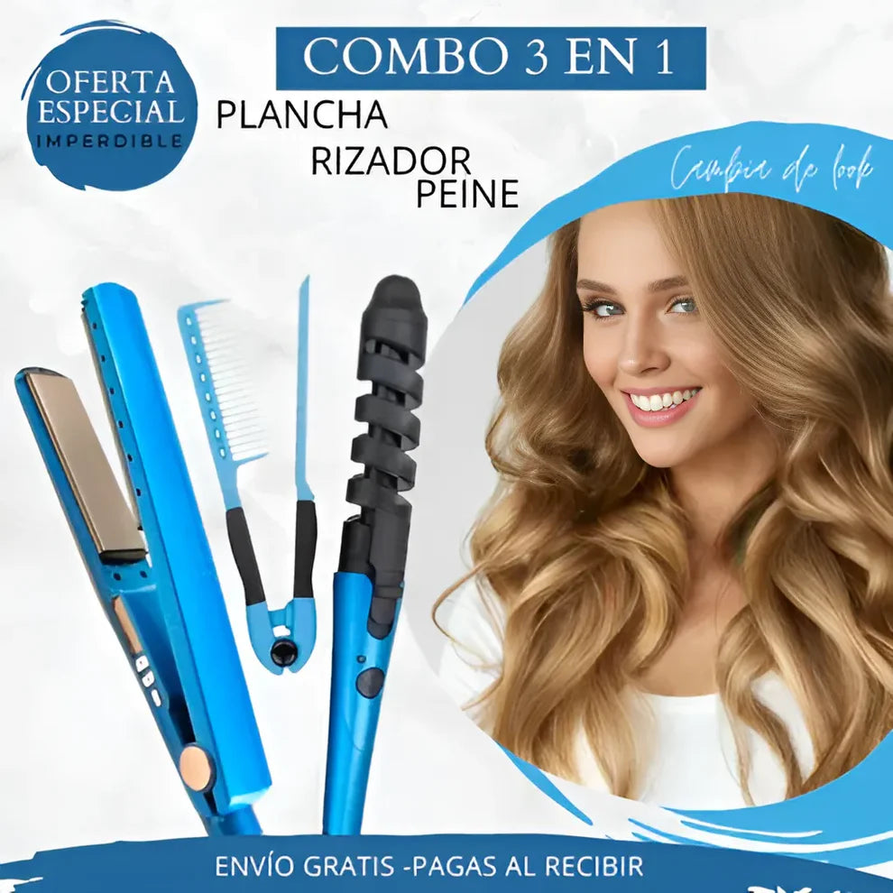 COMBO NANO TITANIUM PLANCHA + PEINE + RIZADOR